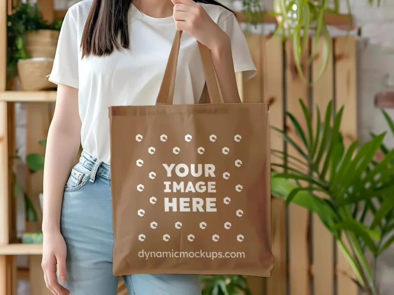 Woman Holding Brown Tote Bag Mockup Front View Template