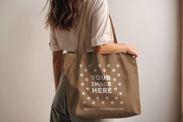 Woman Holding Brown Tote Bag Mockup Side View Template