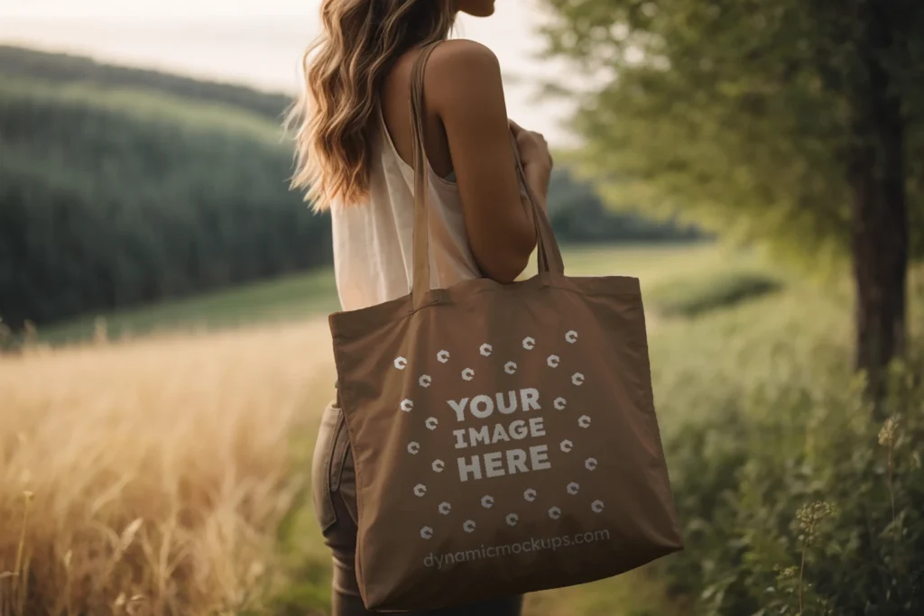 Woman Holding Brown Tote Bag Mockup Side View Template