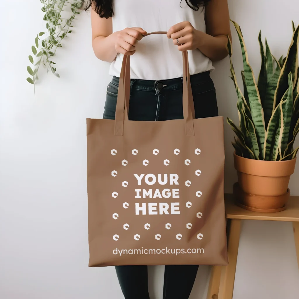 Woman Holding Brown Tote Bag Mockup Front View Template