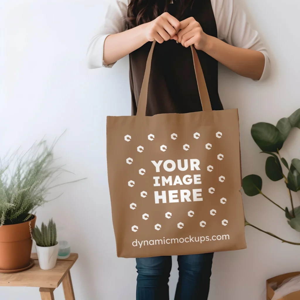 Woman Holding Brown Tote Bag Mockup Front View Template