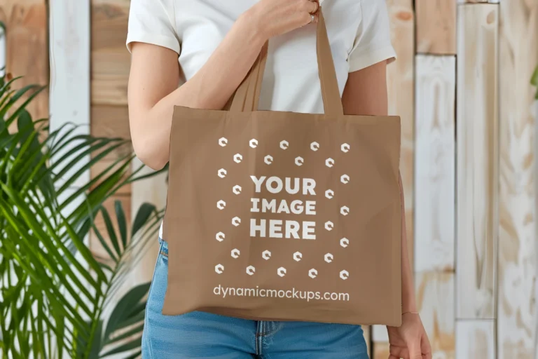 Woman Holding Brown Tote Bag Mockup Front View Template