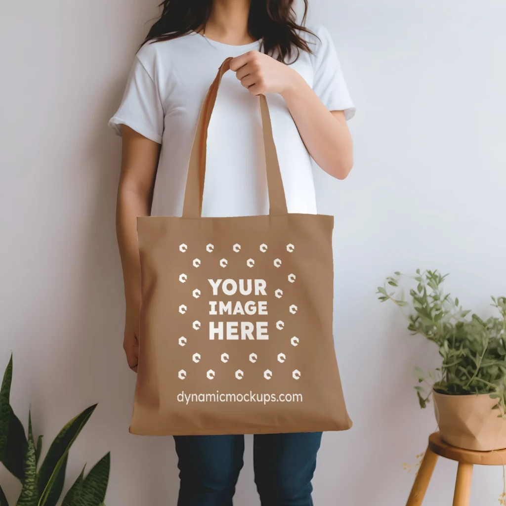 Woman Holding Brown Tote Bag Mockup Front View Template