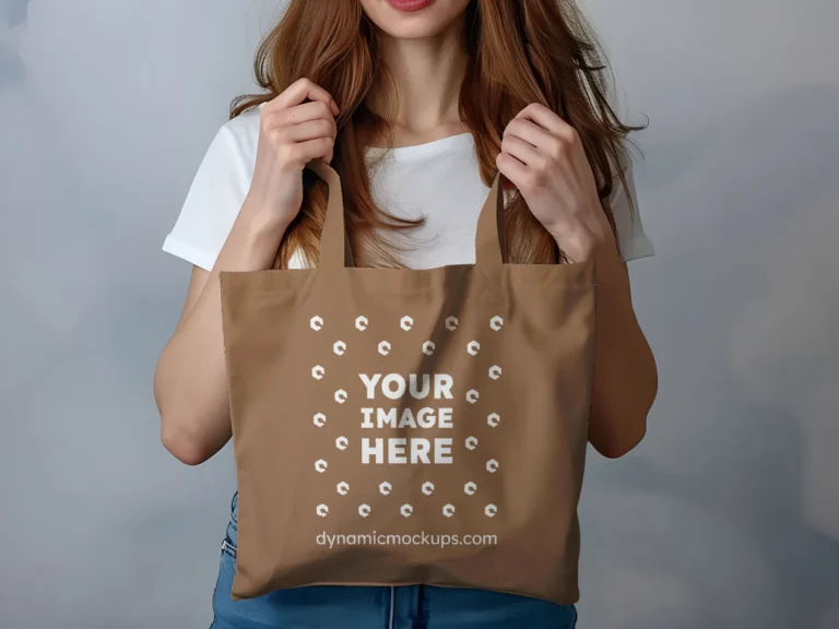 Woman Holding Brown Tote Bag Mockup Front View Template