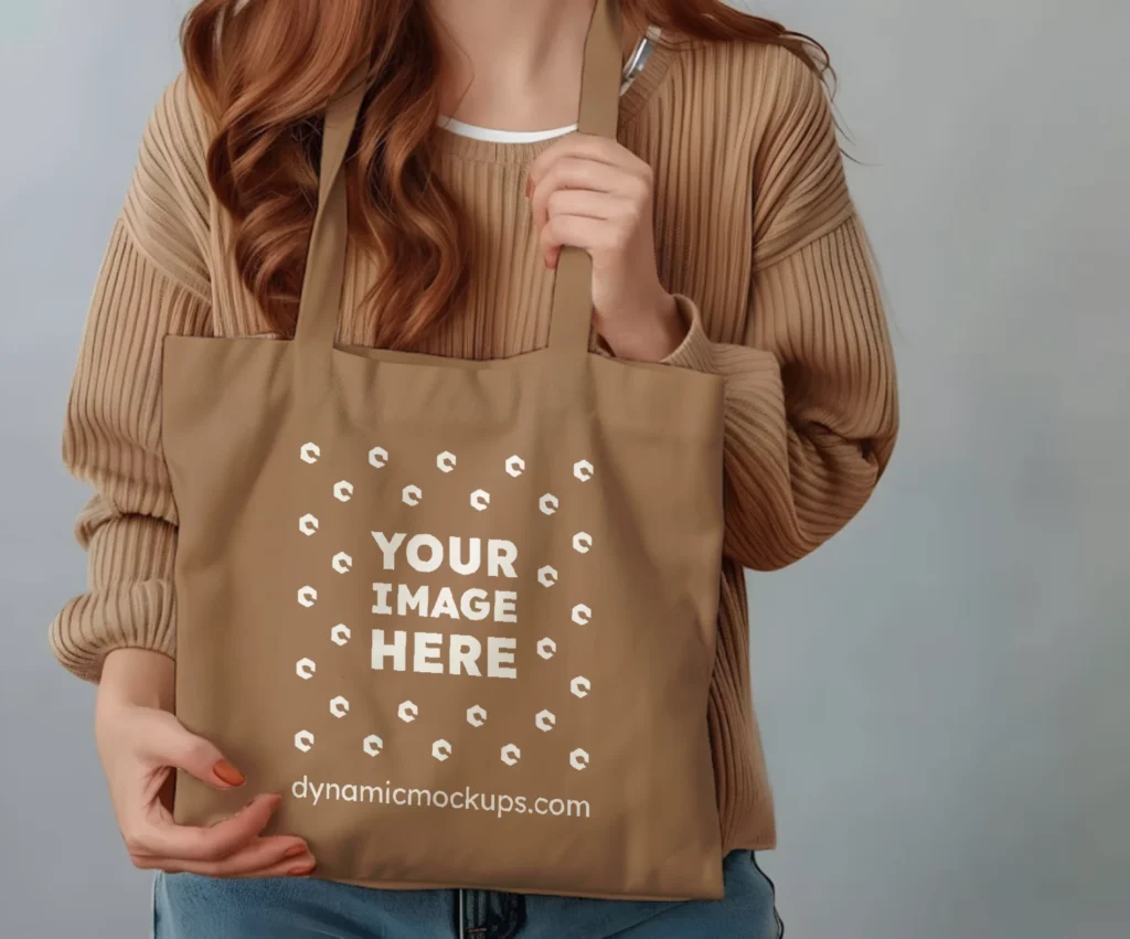 Woman Holding Brown Tote Bag Mockup Front View Template