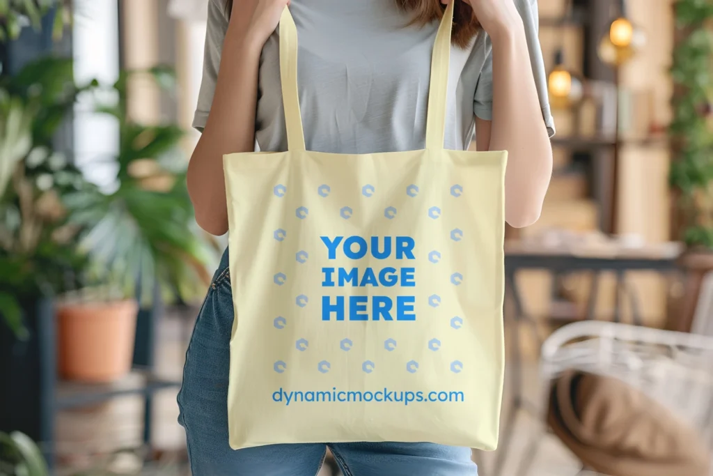 Woman Holding Cream Tote Bag Mockup Front View Template