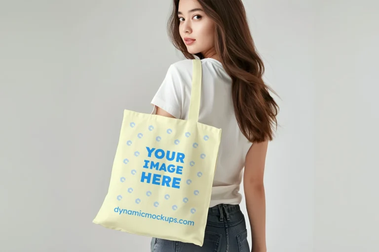 Woman Holding Cream Tote Bag Mockup Back View Template