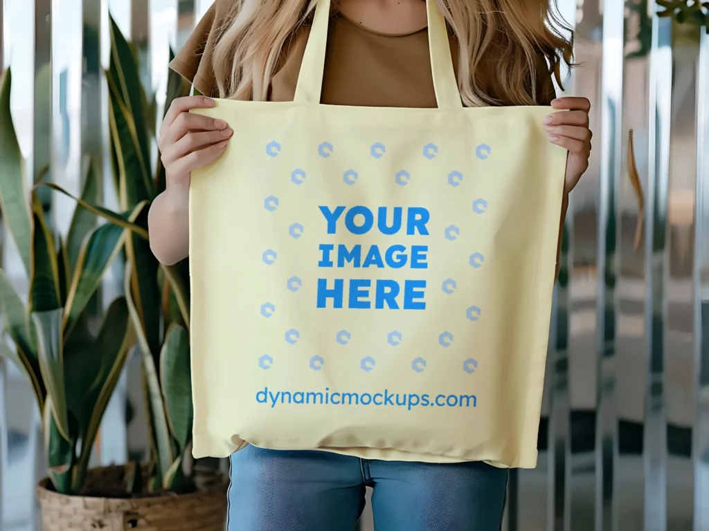 Woman Holding Cream Tote Bag Mockup Front View Template