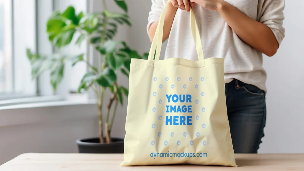 Woman Holding Cream Tote Bag Mockup Front View Template