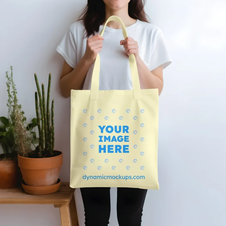 Woman Holding Cream Tote Bag Mockup Front View Template