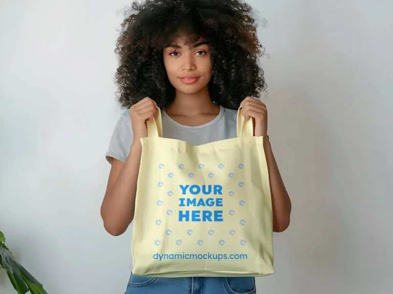 Woman Holding Cream Tote Bag Mockup Front View Template