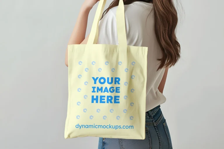 Woman Holding Cream Tote Bag Mockup Side View Template