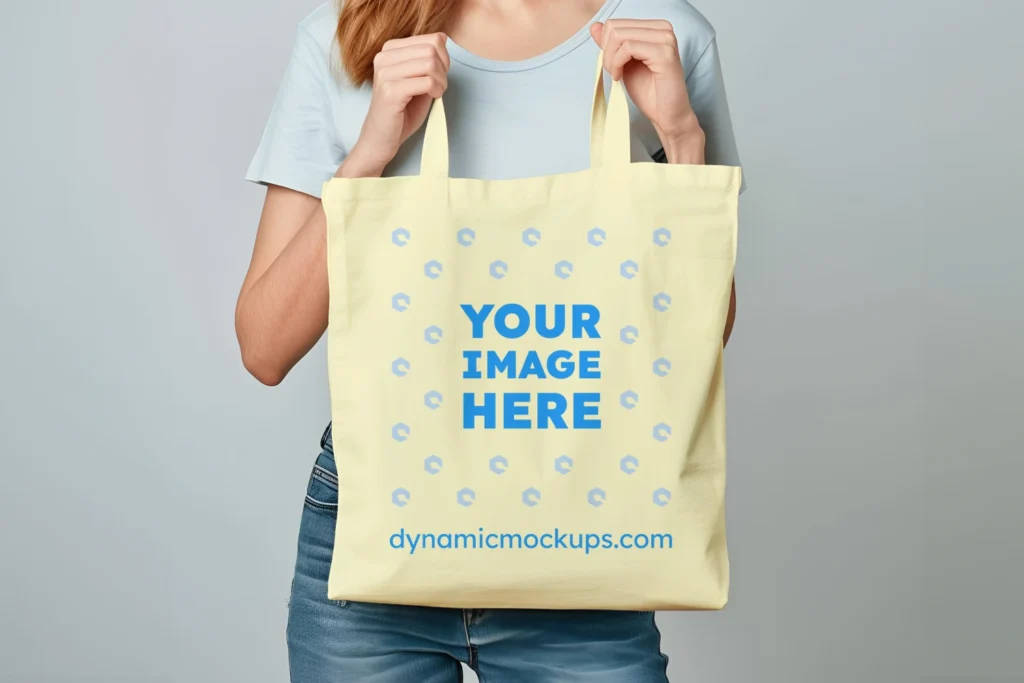 Woman Holding Cream Tote Bag Mockup Front View Template