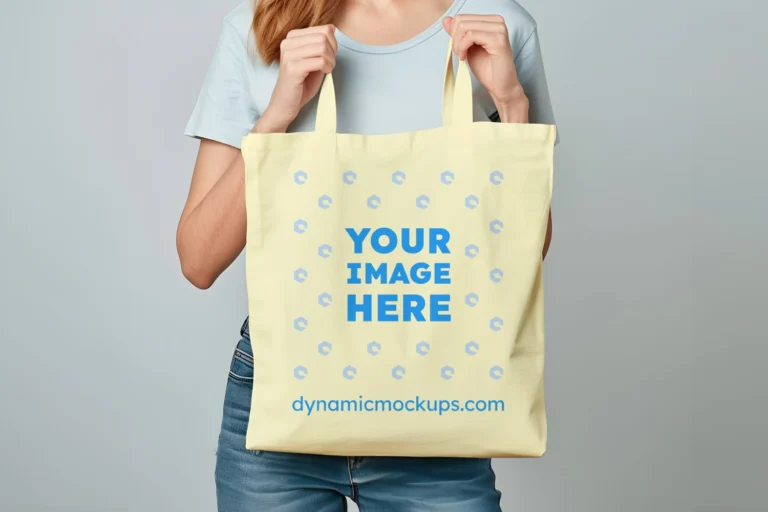 Woman Holding Cream Tote Bag Mockup Front View Template