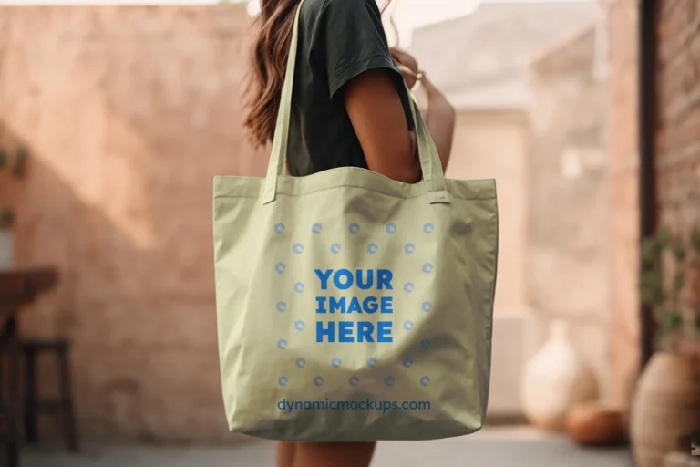 Woman Holding Cream Tote Bag Mockup Side View Template