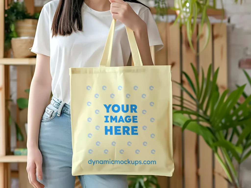 Woman Holding Cream Tote Bag Mockup Front View Template