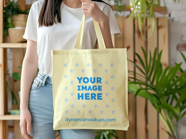 Woman Holding Cream Tote Bag Mockup Front View Template