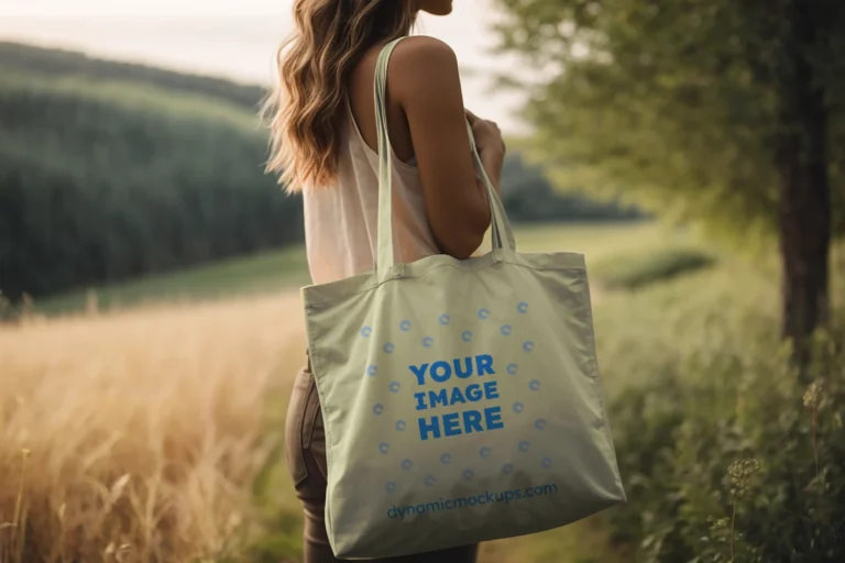 Woman Holding Cream Tote Bag Mockup Side View Template