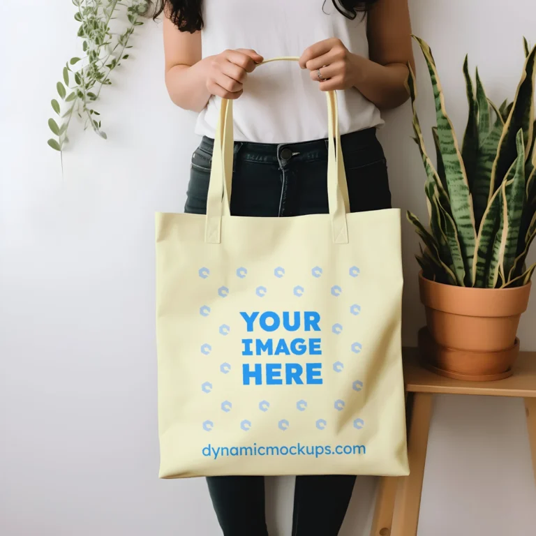 Woman Holding Cream Tote Bag Mockup Front View Template