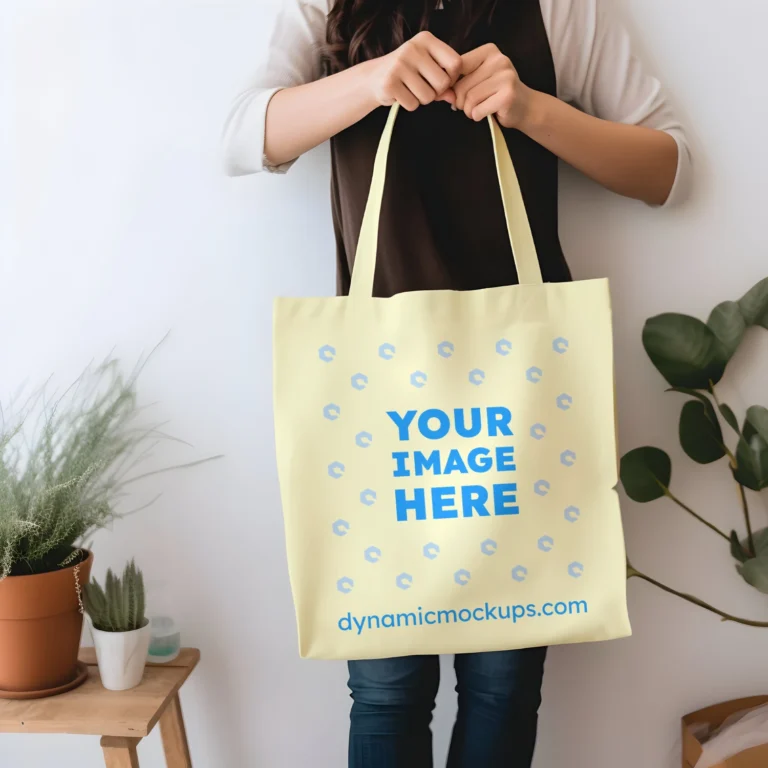 Woman Holding Cream Tote Bag Mockup Front View Template