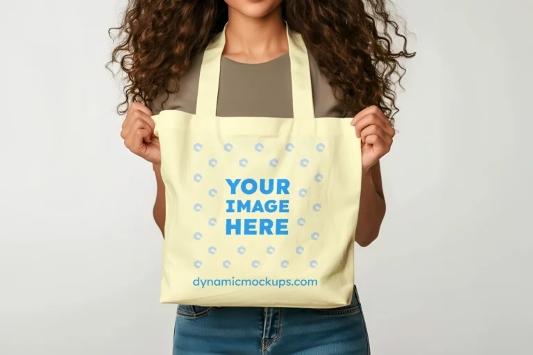 Woman Holding Cream Tote Bag Mockup Front View Template