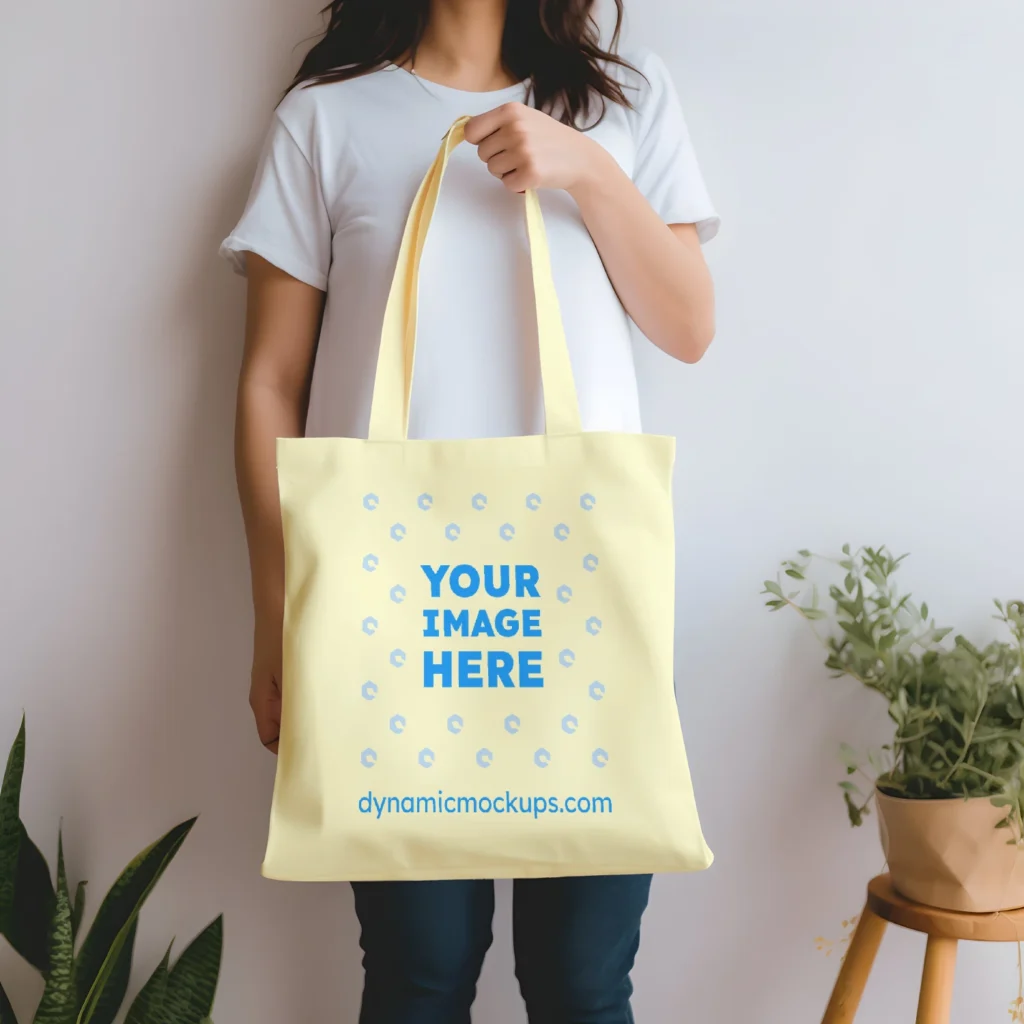 Woman Holding Cream Tote Bag Mockup Front View Template