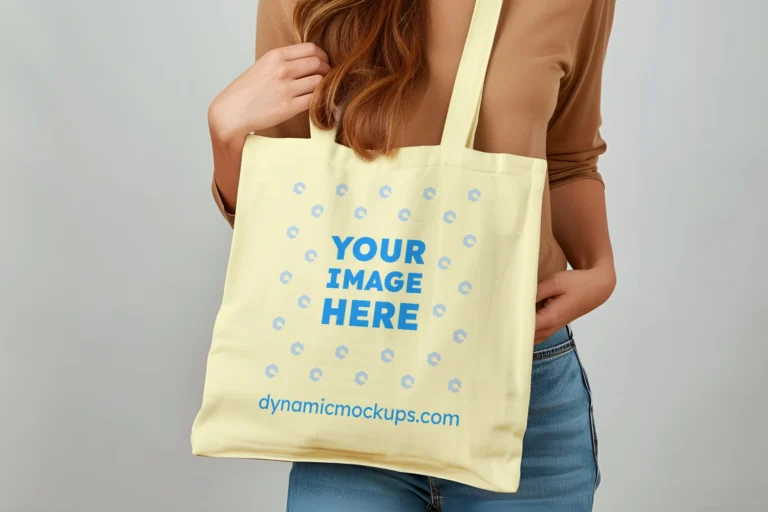 Woman Holding Cream Tote Bag Mockup Front View Template