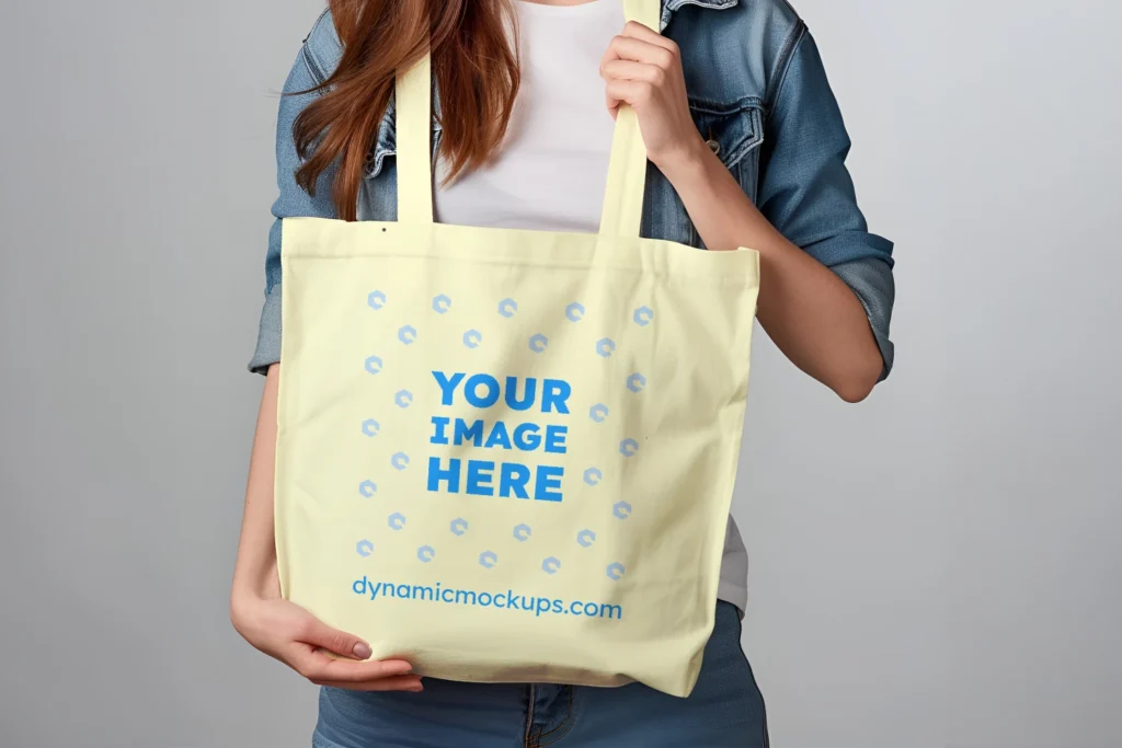 Woman Holding Cream Tote Bag Mockup Front View Template