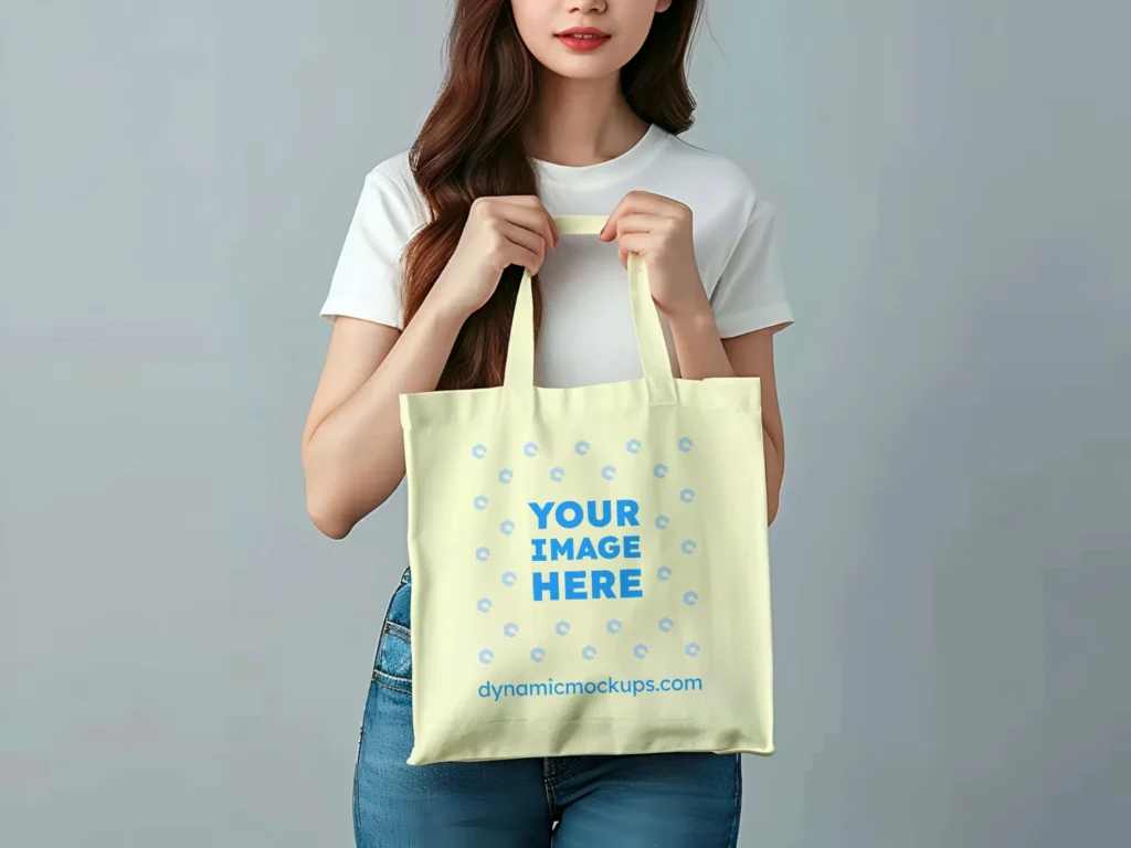 Woman Holding Cream Tote Bag Mockup Front View Template