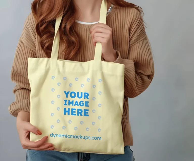 Woman Holding Cream Tote Bag Mockup Front View Template