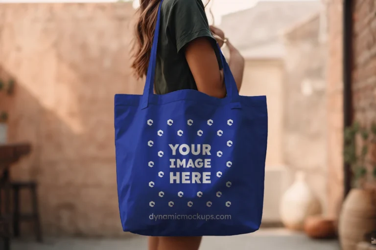 Woman Holding Dark Blue Tote Bag Mockup Side View Template