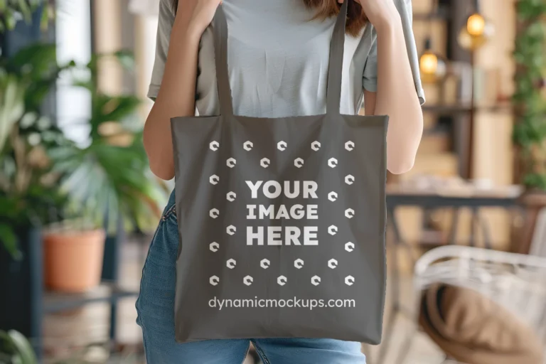 Woman Holding Dark Gray Tote Bag Mockup Front View Template