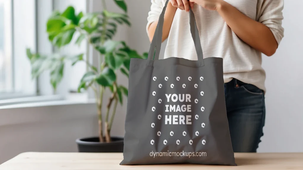 Woman Holding Dark Gray Tote Bag Mockup Front View Template