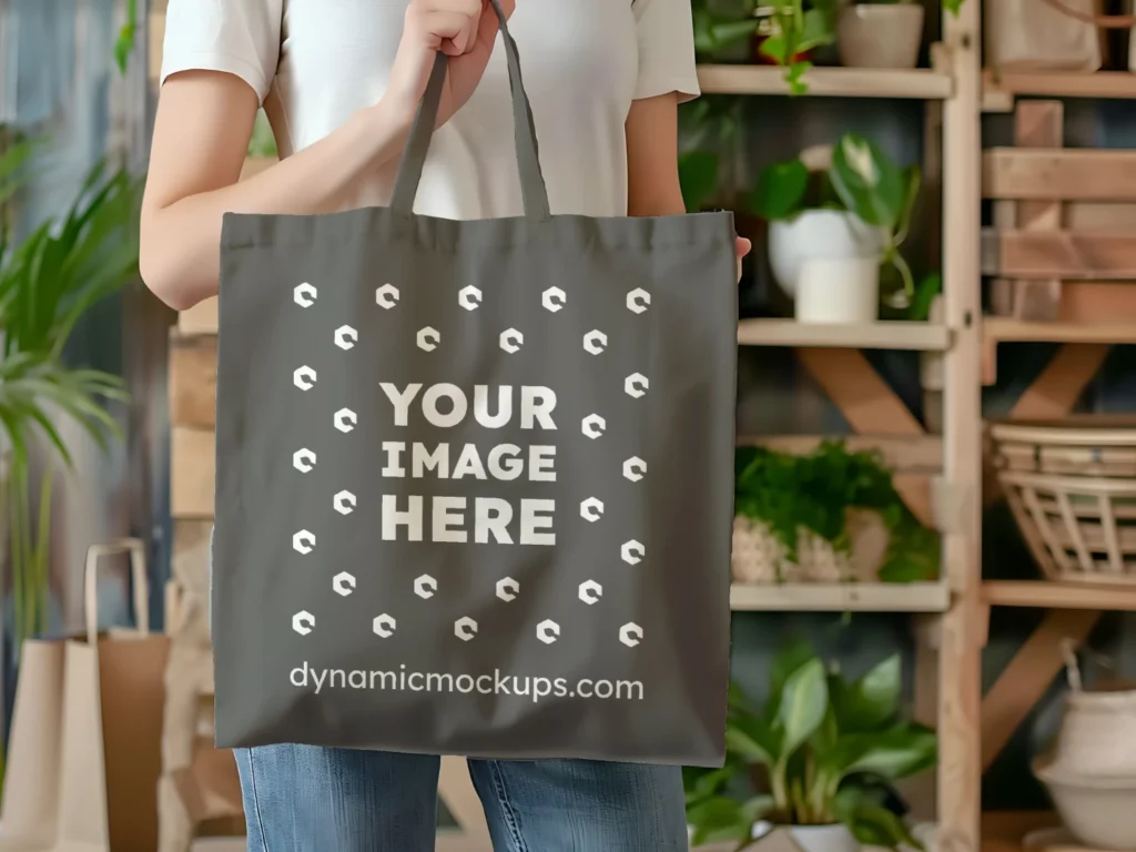 Woman Holding Dark Gray Tote Bag Mockup Front View Template