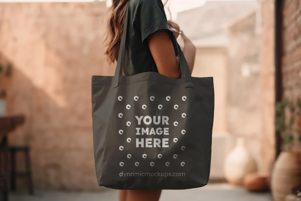 Woman Holding Dark Gray Tote Bag Mockup Side View Template