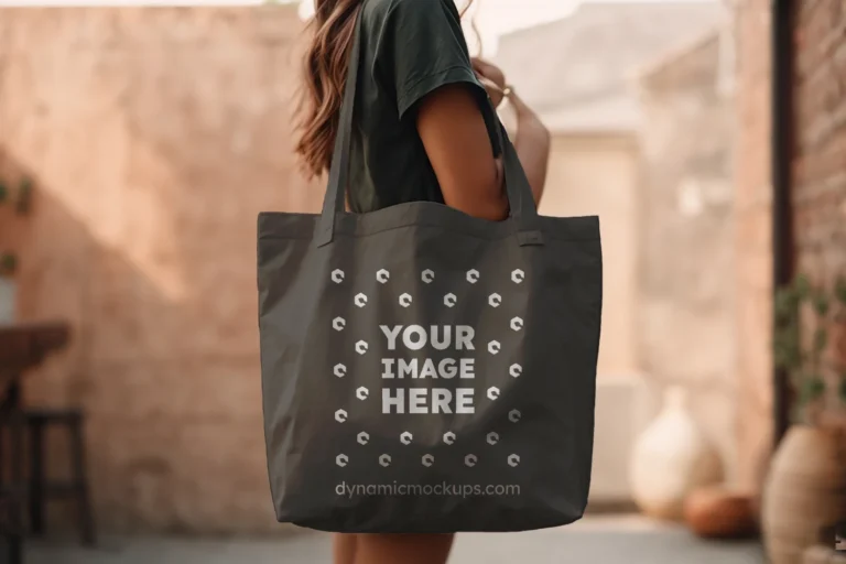 Woman Holding Dark Gray Tote Bag Mockup Side View Template