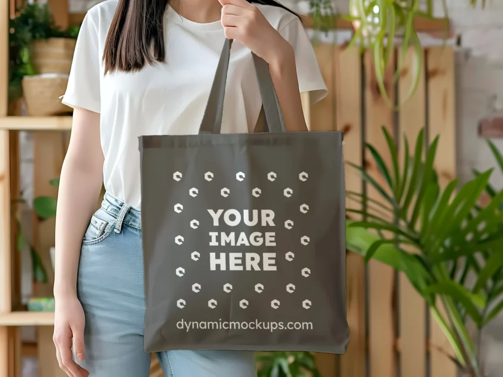 Woman Holding Dark Gray Tote Bag Mockup Front View Template