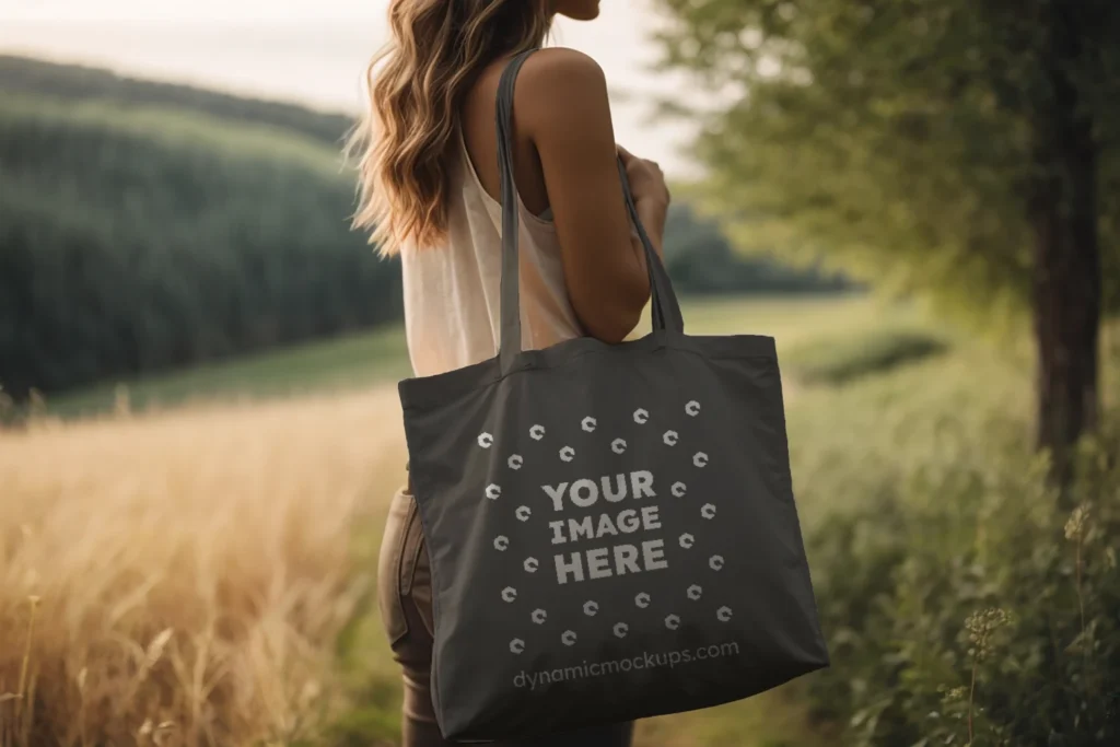 Woman Holding Dark Gray Tote Bag Mockup Side View Template