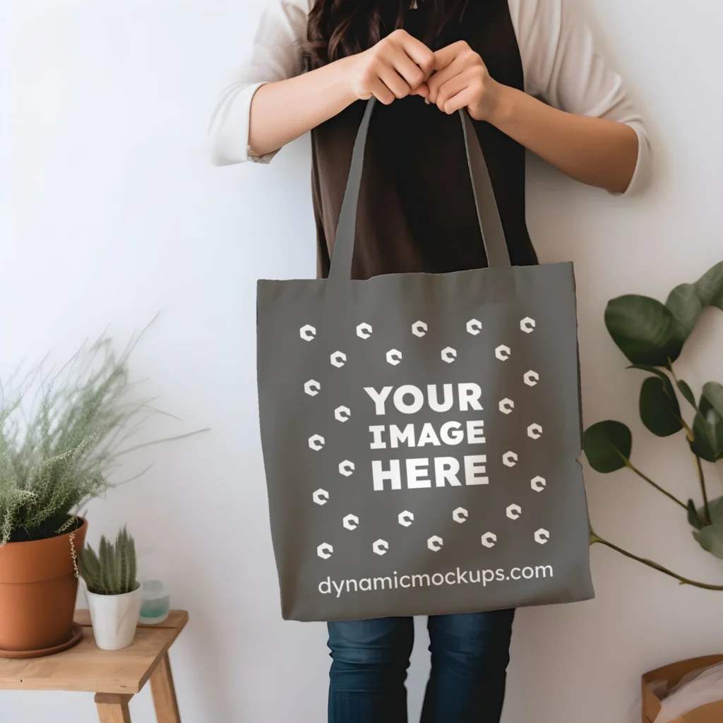 Woman Holding Dark Gray Tote Bag Mockup Front View Template