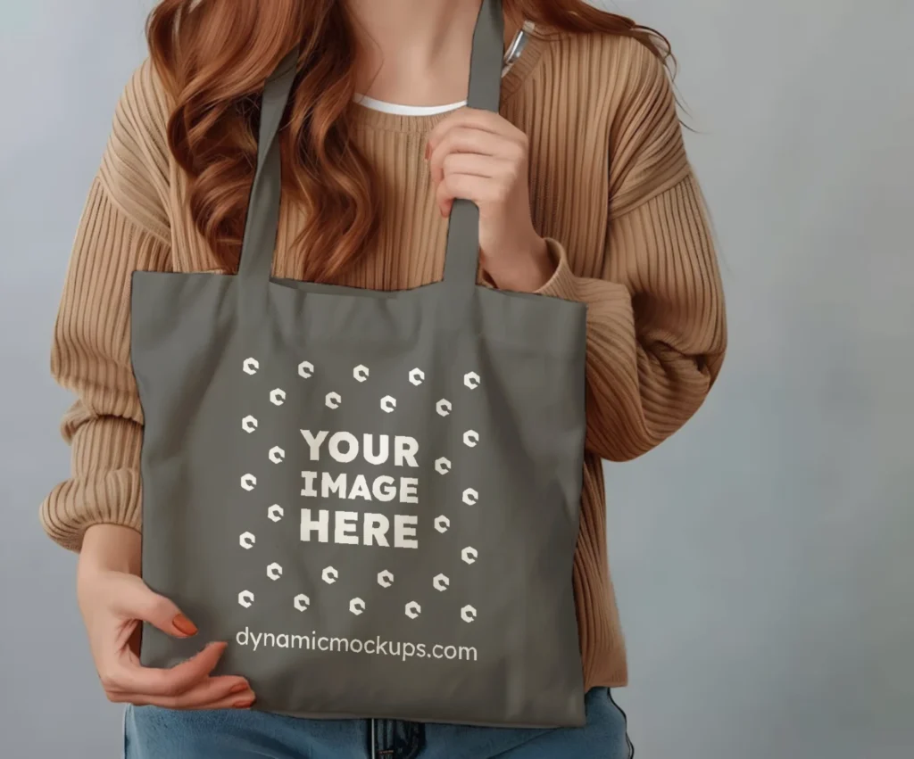 Woman Holding Dark Gray Tote Bag Mockup Front View Template