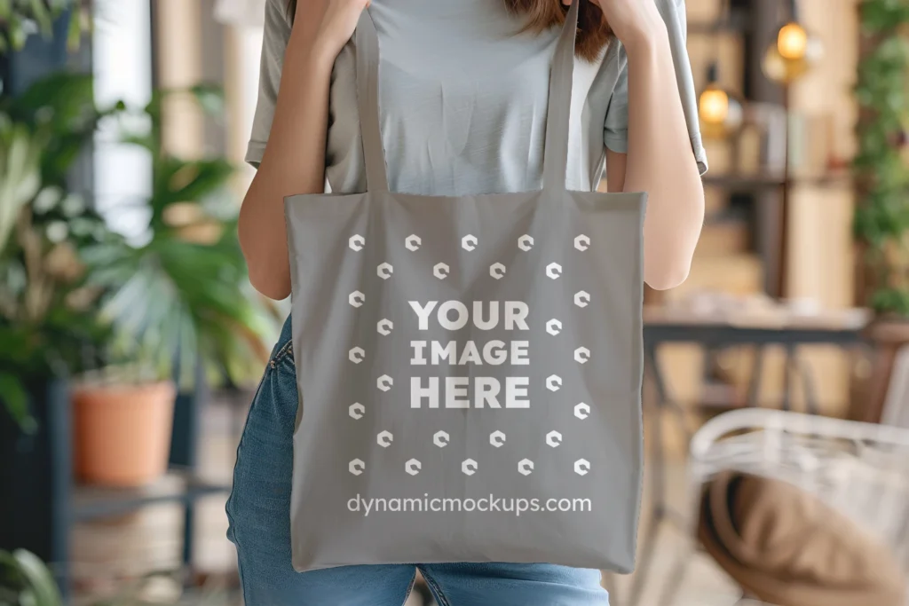 Woman Holding Gray Tote Bag Mockup Front View Template