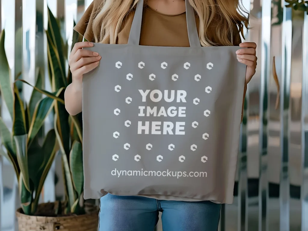 Woman Holding Gray Tote Bag Mockup Front View Template