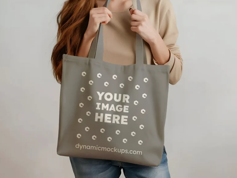 Woman Holding Gray Tote Bag Mockup Front View Template