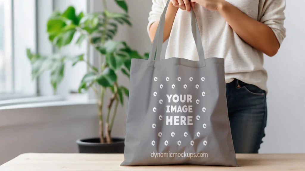 Woman Holding Gray Tote Bag Mockup Front View Template