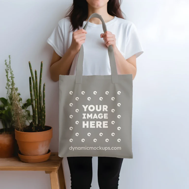 Woman Holding Gray Tote Bag Mockup Front View Template