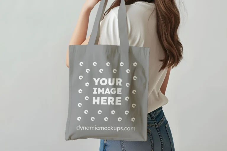 Woman Holding Gray Tote Bag Mockup Side View Template