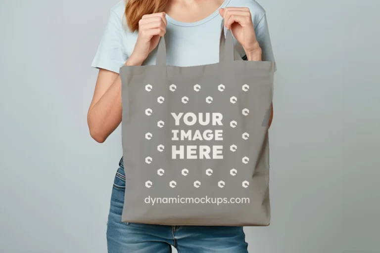 Woman Holding Gray Tote Bag Mockup Front View Template