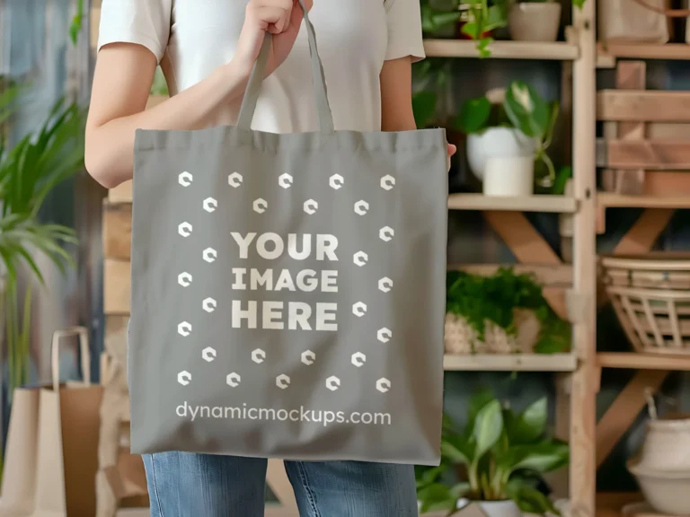 Woman Holding Gray Tote Bag Mockup Front View Template