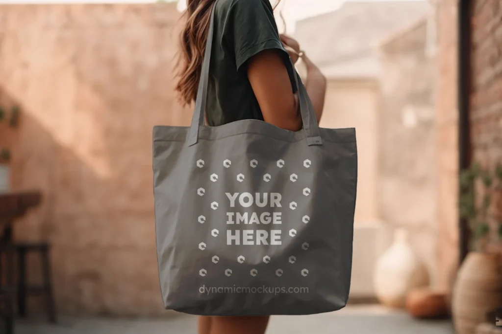 Woman Holding Gray Tote Bag Mockup Side View Template