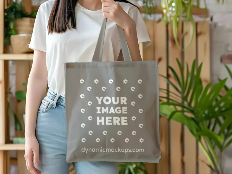 Woman Holding Gray Tote Bag Mockup Front View Template